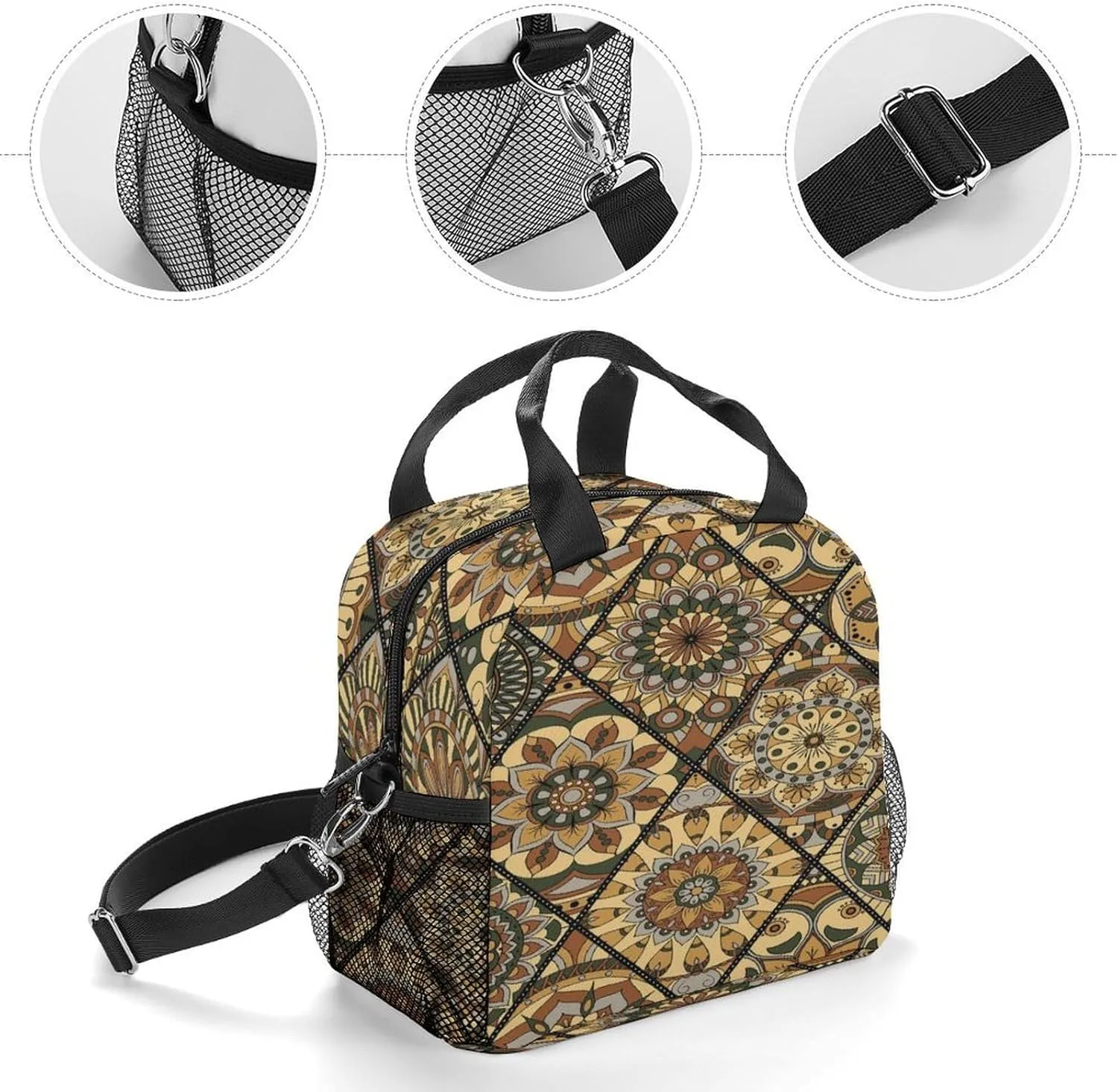 Donnapink Reusable Cooler Insulated Lunch Bag, Removable Strap Tote Handbag Thermal Reusable Box with Two Mesh Pockets 10x9x6.5 in Print Vintage Tribal Mandala Flowers Motifs