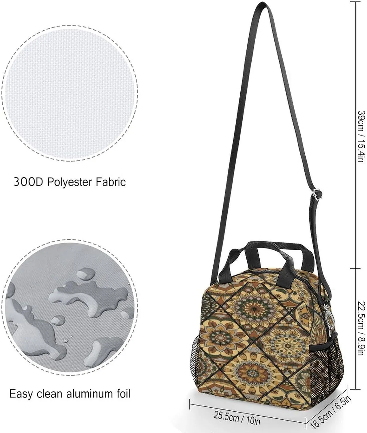 Donnapink Reusable Cooler Insulated Lunch Bag, Removable Strap Tote Handbag Thermal Reusable Box with Two Mesh Pockets 10x9x6.5 in Print Vintage Tribal Mandala Flowers Motifs