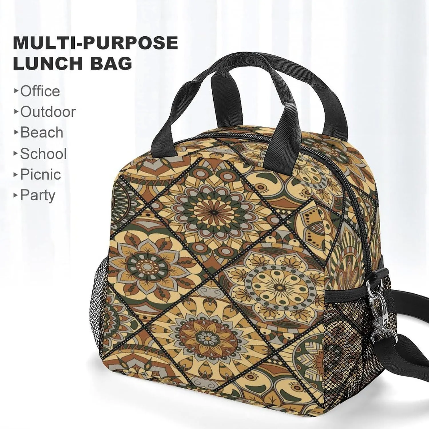 Donnapink Reusable Cooler Insulated Lunch Bag, Removable Strap Tote Handbag Thermal Reusable Box with Two Mesh Pockets 10x9x6.5 in Print Vintage Tribal Mandala Flowers Motifs
