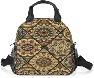 Donnapink Reusable Cooler Insulated Lunch Bag, Removable Strap Tote Handbag Thermal Reusable Box with Two Mesh Pockets 10x9x6.5 in Print Vintage Tribal Mandala Flowers Motifs