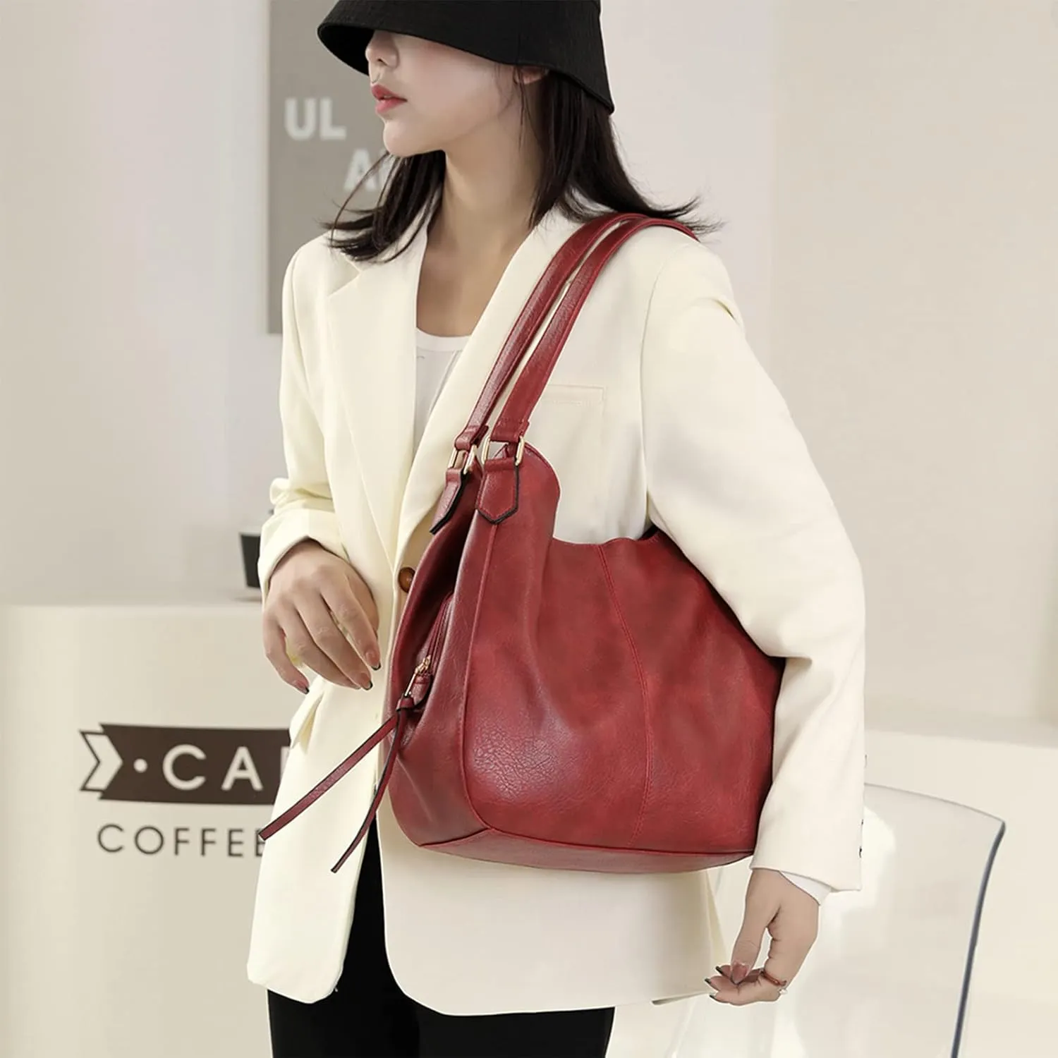 DOURR Women's Multi-pocket Shoulder Bag Fashion Vegan Leather Handbag Tote Purse