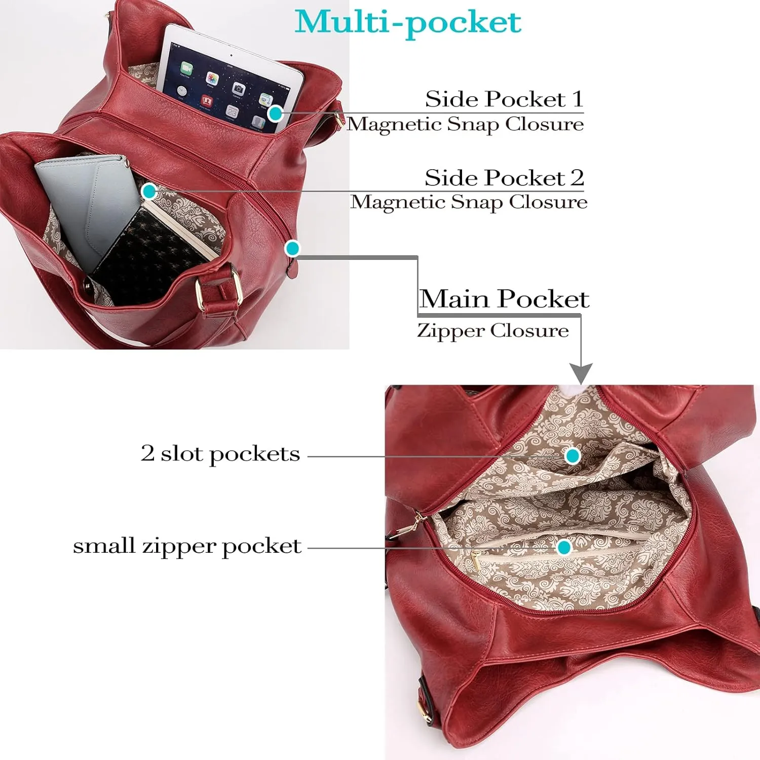 DOURR Women's Multi-pocket Shoulder Bag Fashion Vegan Leather Handbag Tote Purse