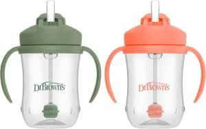 Dr. Brown's Milestones, Baby's First Straw Cup Sippy Cup with Straw, 6m , 9oz/270ml, 2 Pack, Coral & Olive Green, BPA Free
