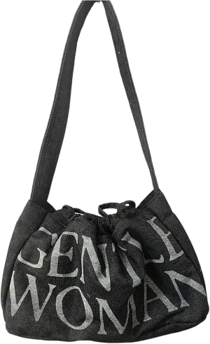 Drawstring Slouch Bag Stylish Denim Canvas Shoulder Handbag Travel Holiday Everyday Purse for Women