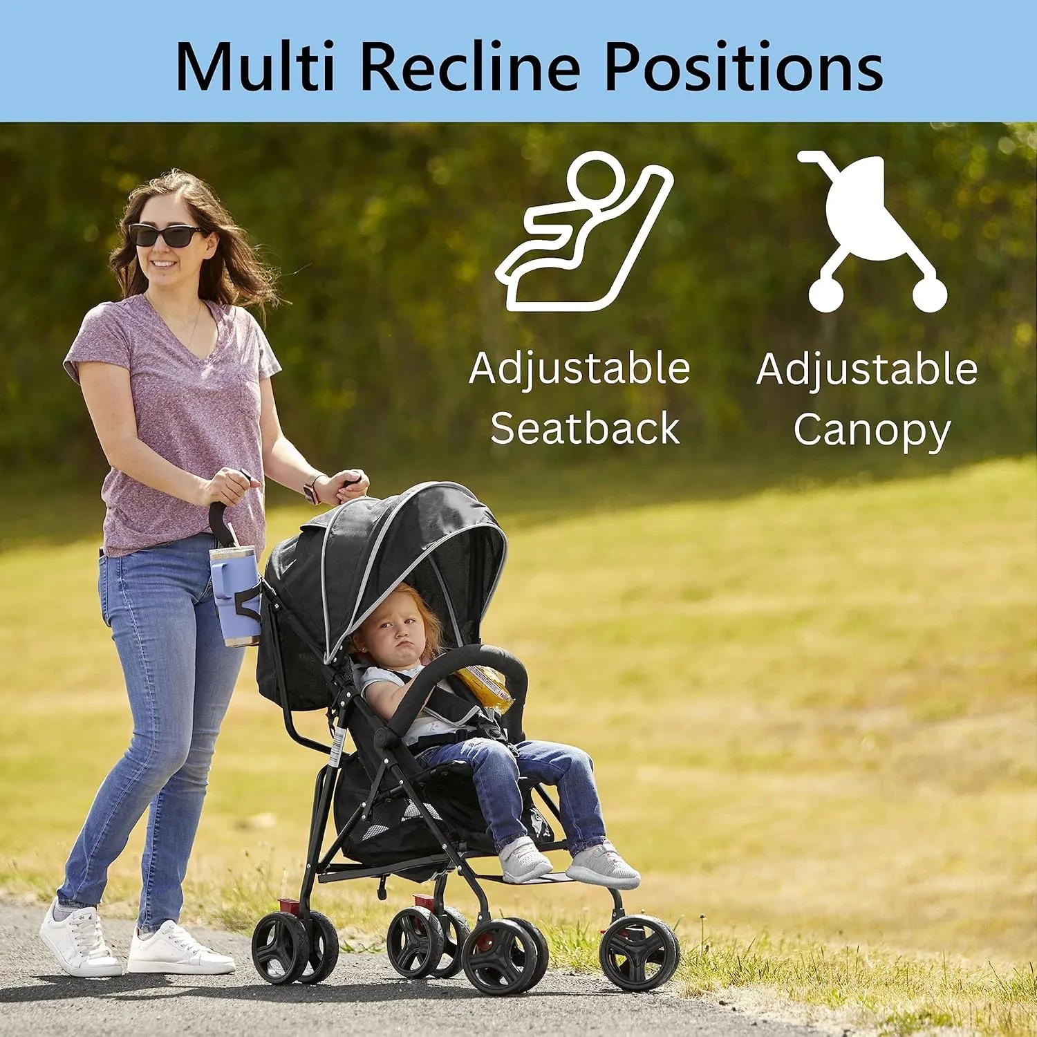 Dream On Me Vista Moonwalk Baby Stroller in Black, Lightweight Infant Stroller with Compact Fold, Multi-Position Recline Umbrella Stroller with Canopy, Extra Large Storage and Cup Holder