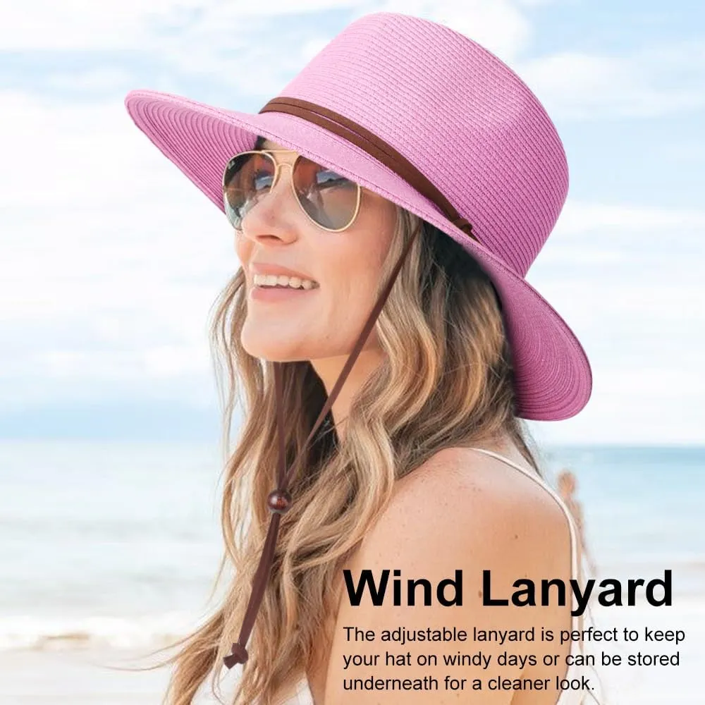 DRESHOW Women Straw Panama Hat Travel Fedora Beach Sun Hat Summer Wide Brim Straw Roll up Hat UPF 50 