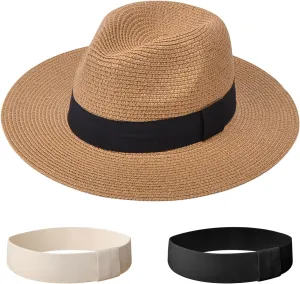 DRESHOW Women Straw Panama Hat Travel Fedora Beach Sun Hat Summer Wide Brim Straw Roll up Hat UPF 50 