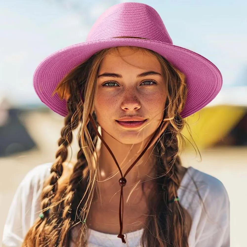 DRESHOW Women Straw Panama Hat Travel Fedora Beach Sun Hat Summer Wide Brim Straw Roll up Hat UPF 50 
