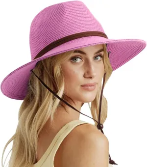 DRESHOW Women Straw Panama Hat Travel Fedora Beach Sun Hat Summer Wide Brim Straw Roll up Hat UPF 50 