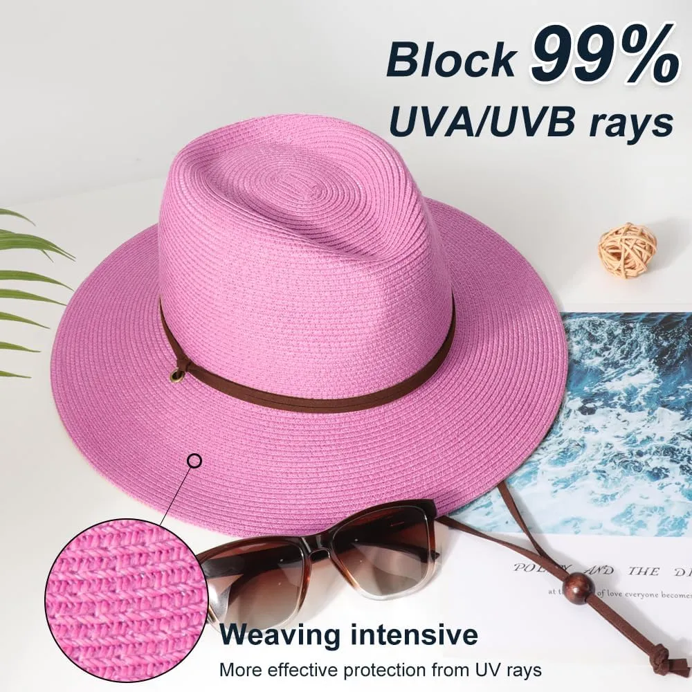 DRESHOW Women Straw Panama Hat Travel Fedora Beach Sun Hat Summer Wide Brim Straw Roll up Hat UPF 50 