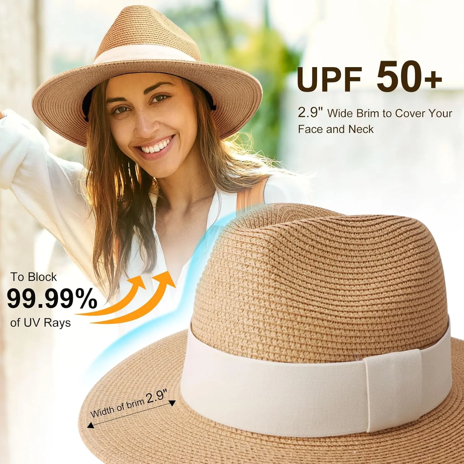 DRESHOW Women Straw Panama Hat Travel Fedora Beach Sun Hat Summer Wide Brim Straw Roll up Hat UPF 50 