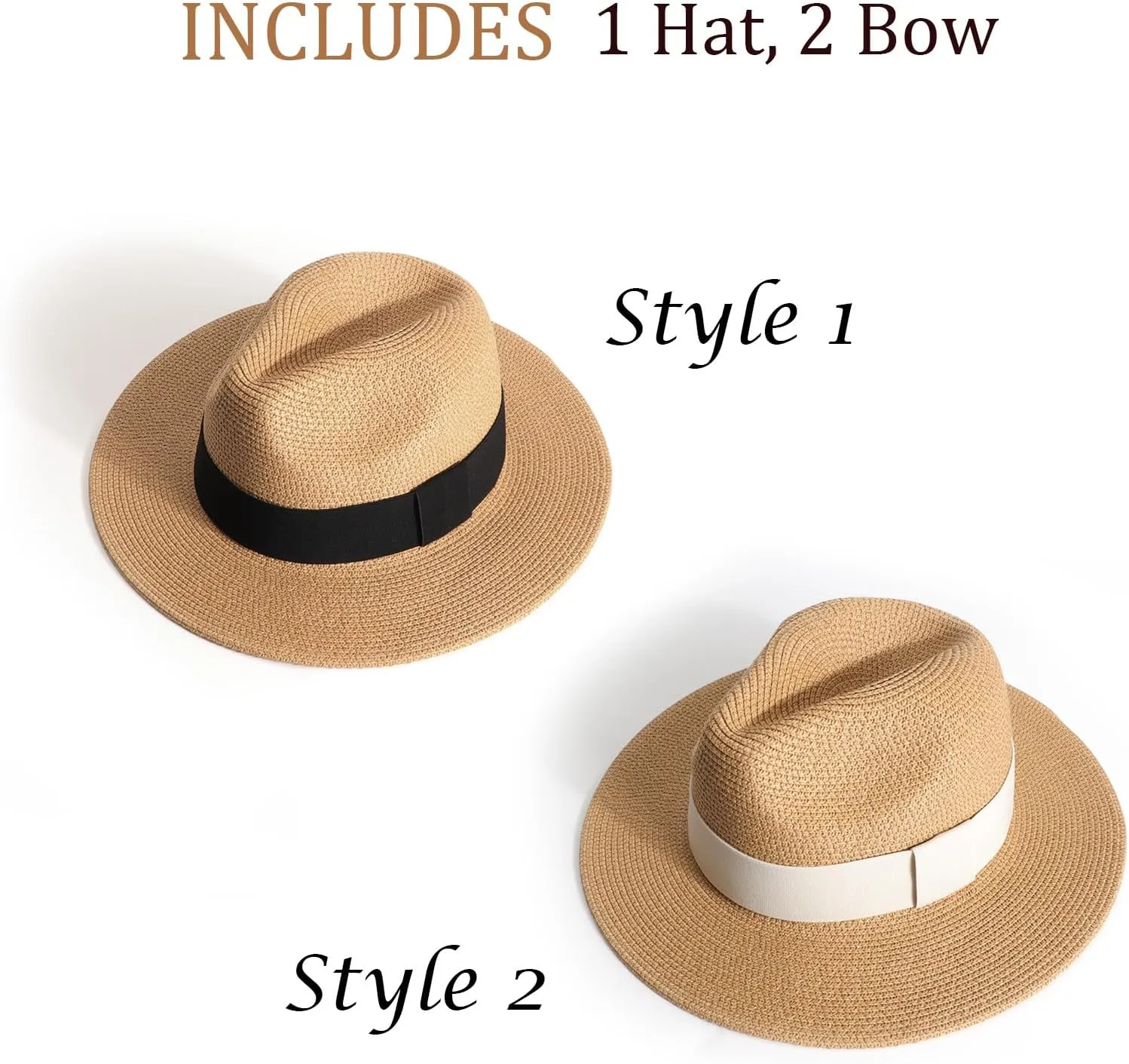 DRESHOW Women Straw Panama Hat Travel Fedora Beach Sun Hat Summer Wide Brim Straw Roll up Hat UPF 50 
