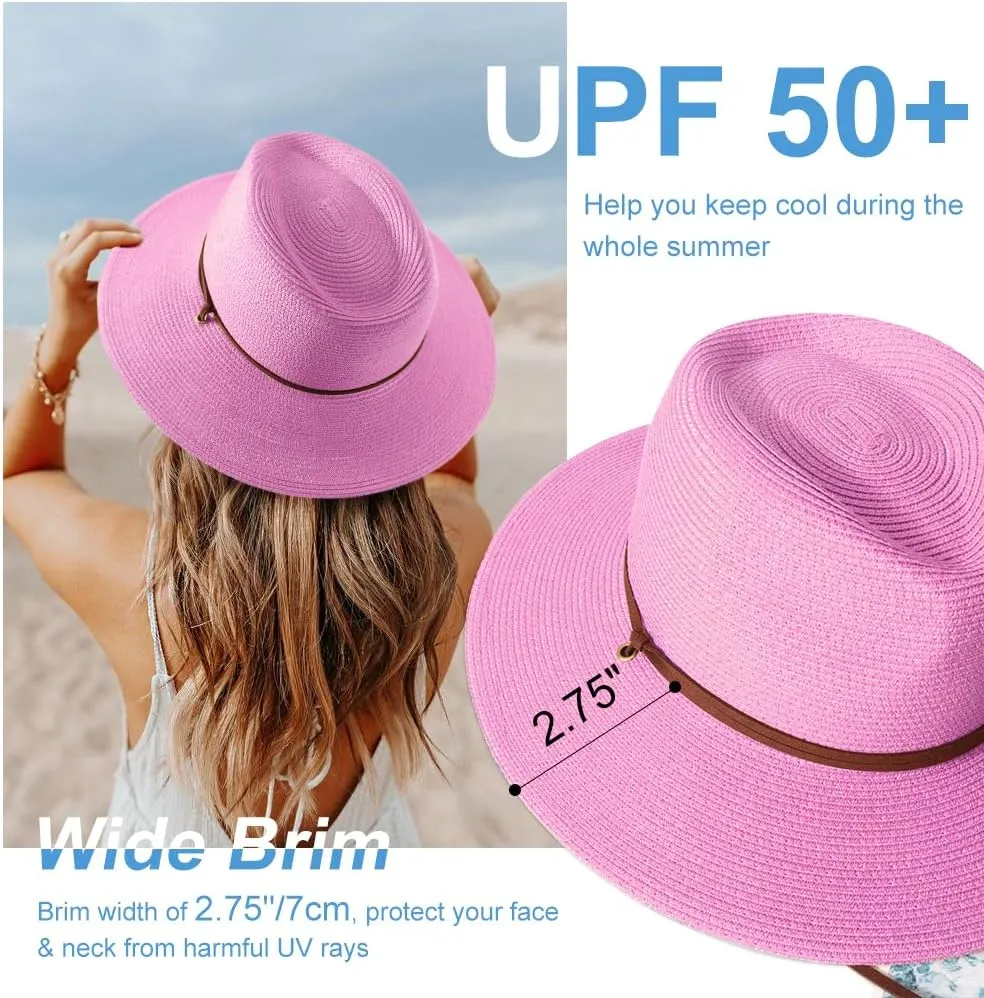 DRESHOW Women Straw Panama Hat Travel Fedora Beach Sun Hat Summer Wide Brim Straw Roll up Hat UPF 50 