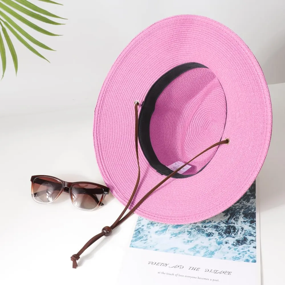 DRESHOW Women Straw Panama Hat Travel Fedora Beach Sun Hat Summer Wide Brim Straw Roll up Hat UPF 50 