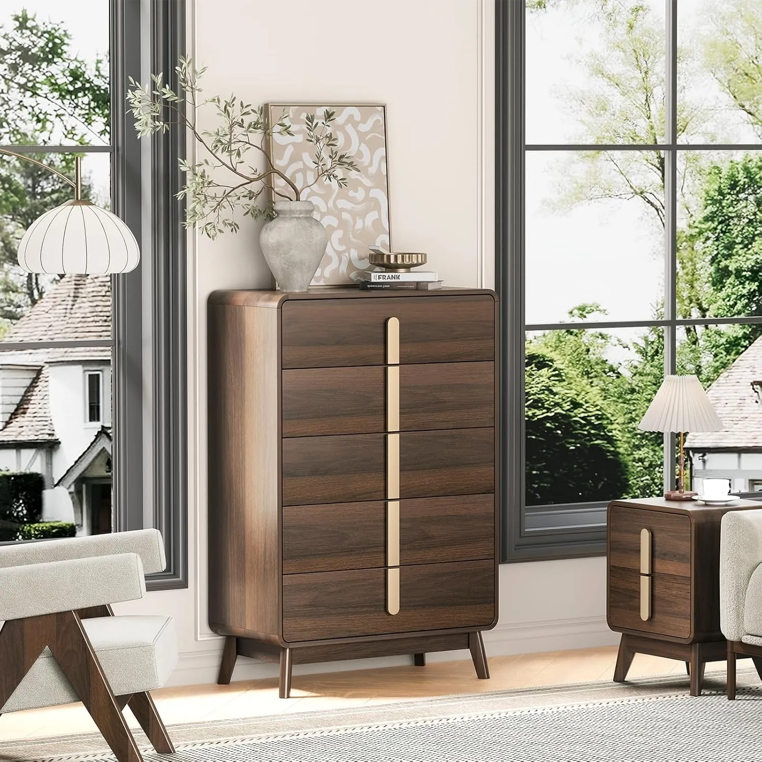 Dresser for Bedroom with 5 Drawers,Mid Century Modern Dresser with Storage,Tall Modern Chest of Drawers with Metal Handles,Large Wood Drawer Organizer for Bedroom,Living Room,Black Walnut