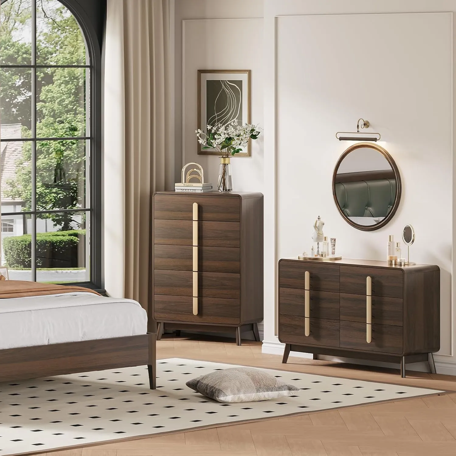 Dresser for Bedroom with 5 Drawers,Mid Century Modern Dresser with Storage,Tall Modern Chest of Drawers with Metal Handles,Large Wood Drawer Organizer for Bedroom,Living Room,Black Walnut