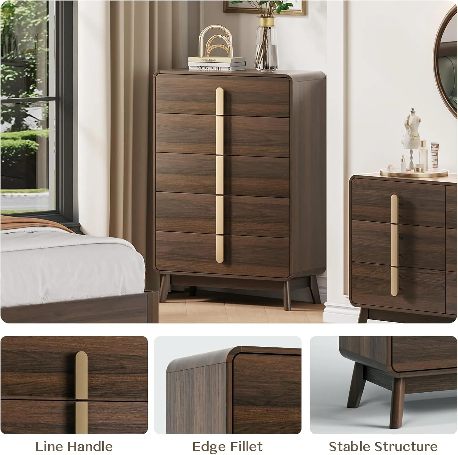 Dresser for Bedroom with 5 Drawers,Mid Century Modern Dresser with Storage,Tall Modern Chest of Drawers with Metal Handles,Large Wood Drawer Organizer for Bedroom,Living Room,Black Walnut