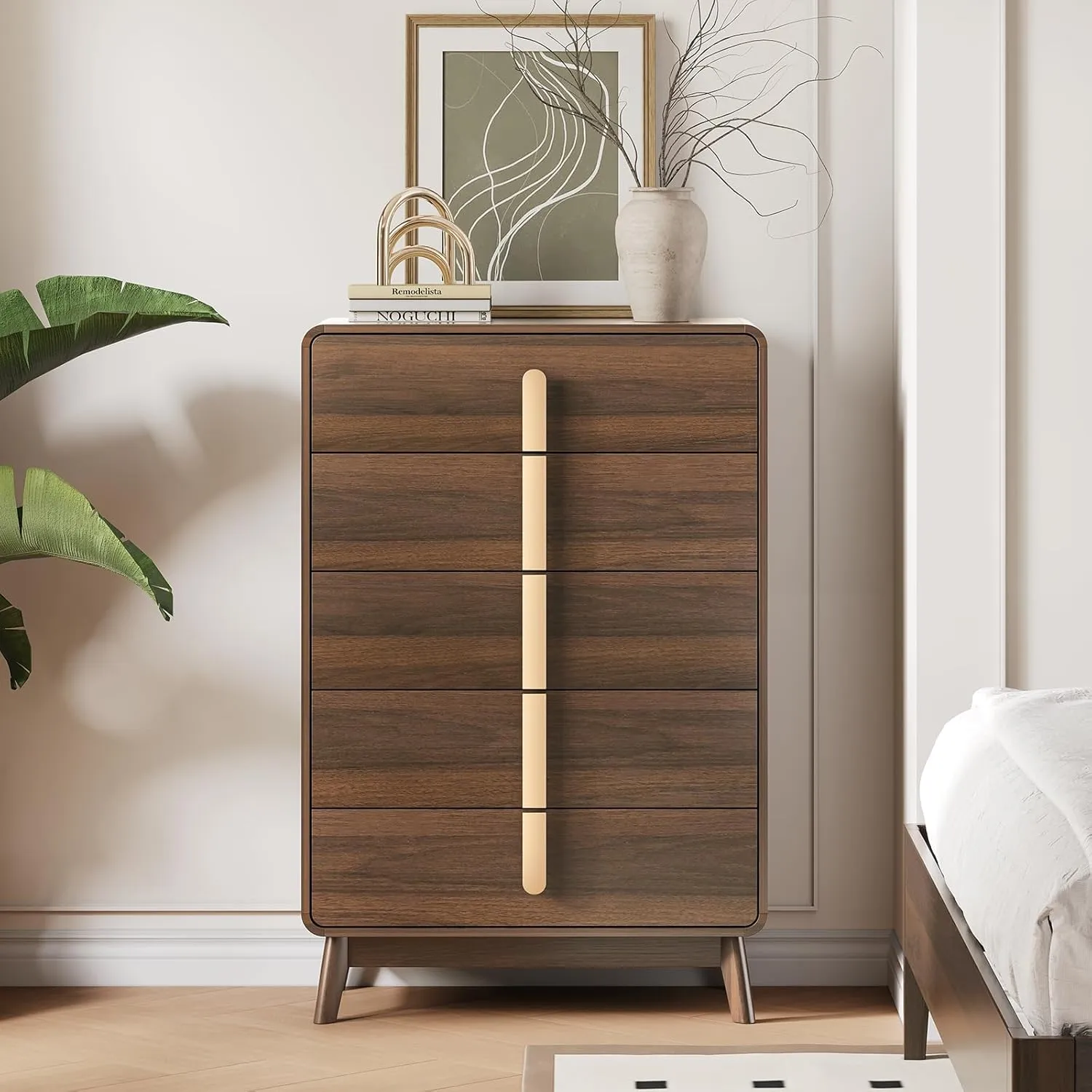 Dresser for Bedroom with 5 Drawers,Mid Century Modern Dresser with Storage,Tall Modern Chest of Drawers with Metal Handles,Large Wood Drawer Organizer for Bedroom,Living Room,Black Walnut