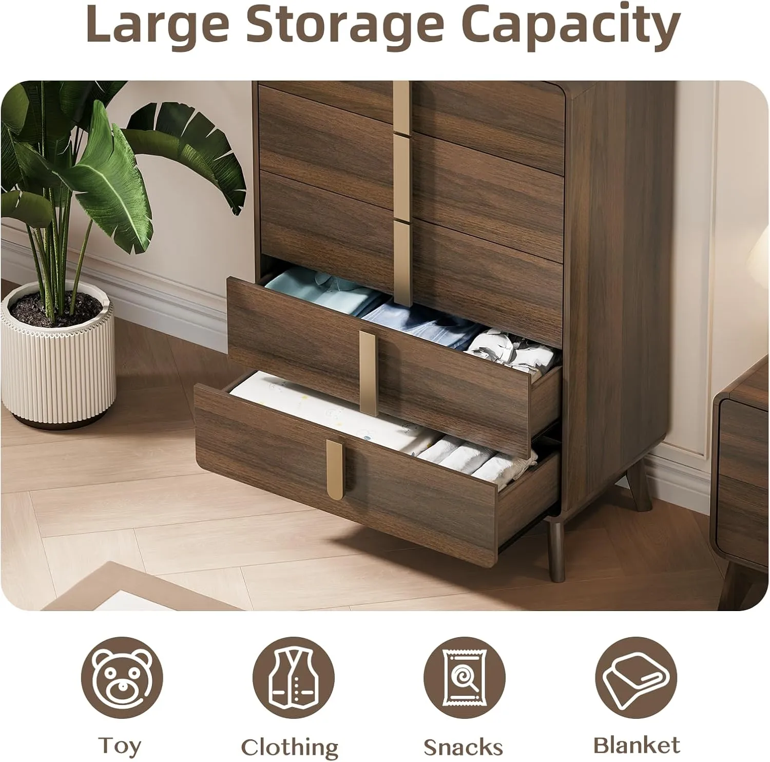 Dresser for Bedroom with 5 Drawers,Mid Century Modern Dresser with Storage,Tall Modern Chest of Drawers with Metal Handles,Large Wood Drawer Organizer for Bedroom,Living Room,Black Walnut