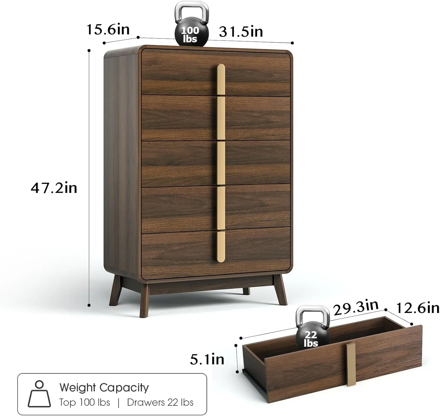 Dresser for Bedroom with 5 Drawers,Mid Century Modern Dresser with Storage,Tall Modern Chest of Drawers with Metal Handles,Large Wood Drawer Organizer for Bedroom,Living Room,Black Walnut