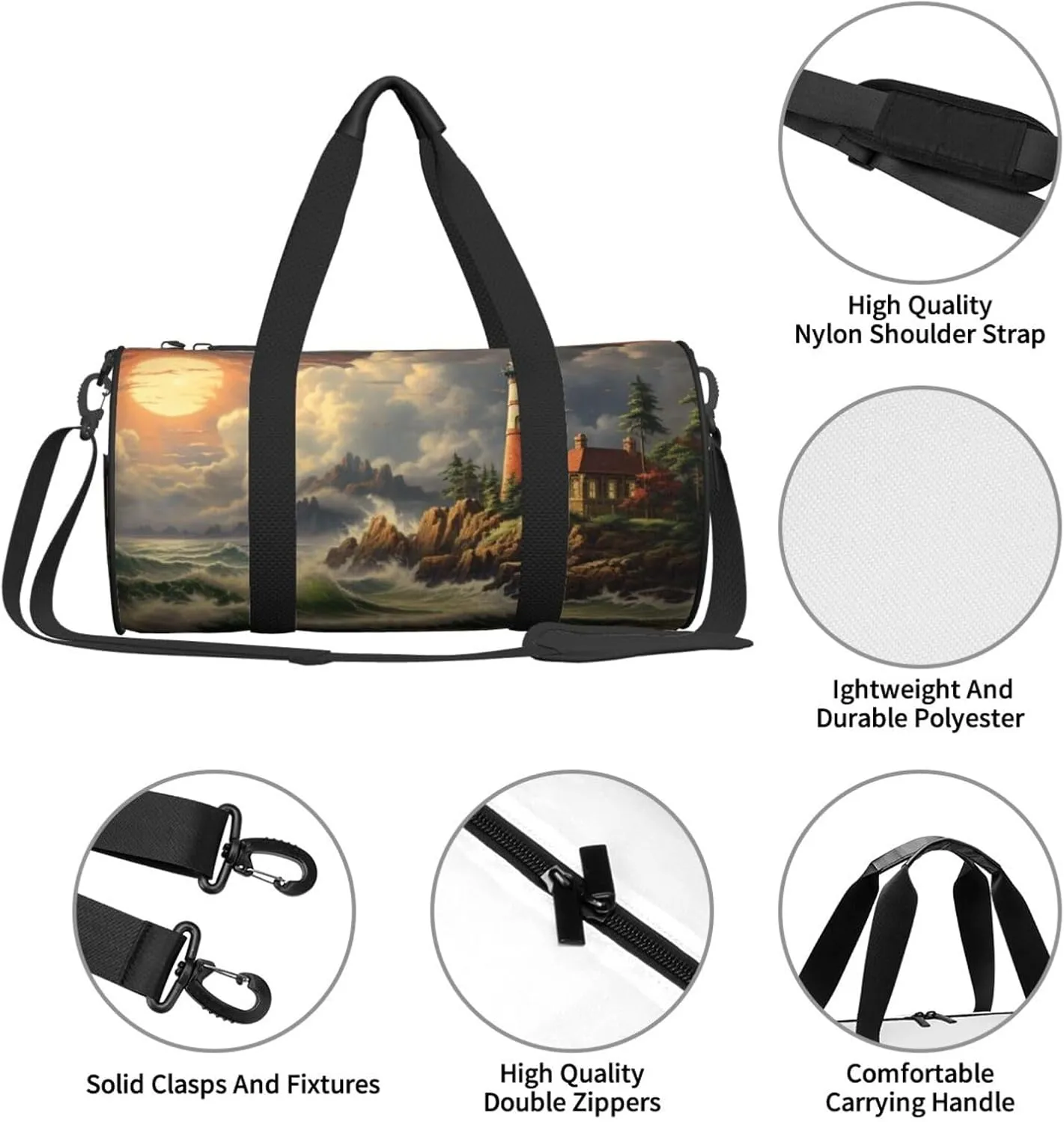 Duffel Bag for Men Women Small Gym Bag Coast Wave and Lighthouse Travel Duffel Bag Waterproof Overnight Bag for Sports Workout