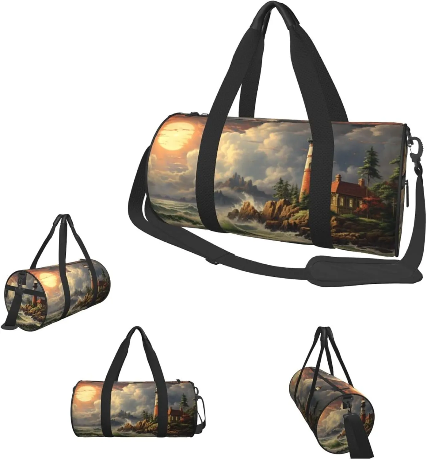 Duffel Bag for Men Women Small Gym Bag Coast Wave and Lighthouse Travel Duffel Bag Waterproof Overnight Bag for Sports Workout