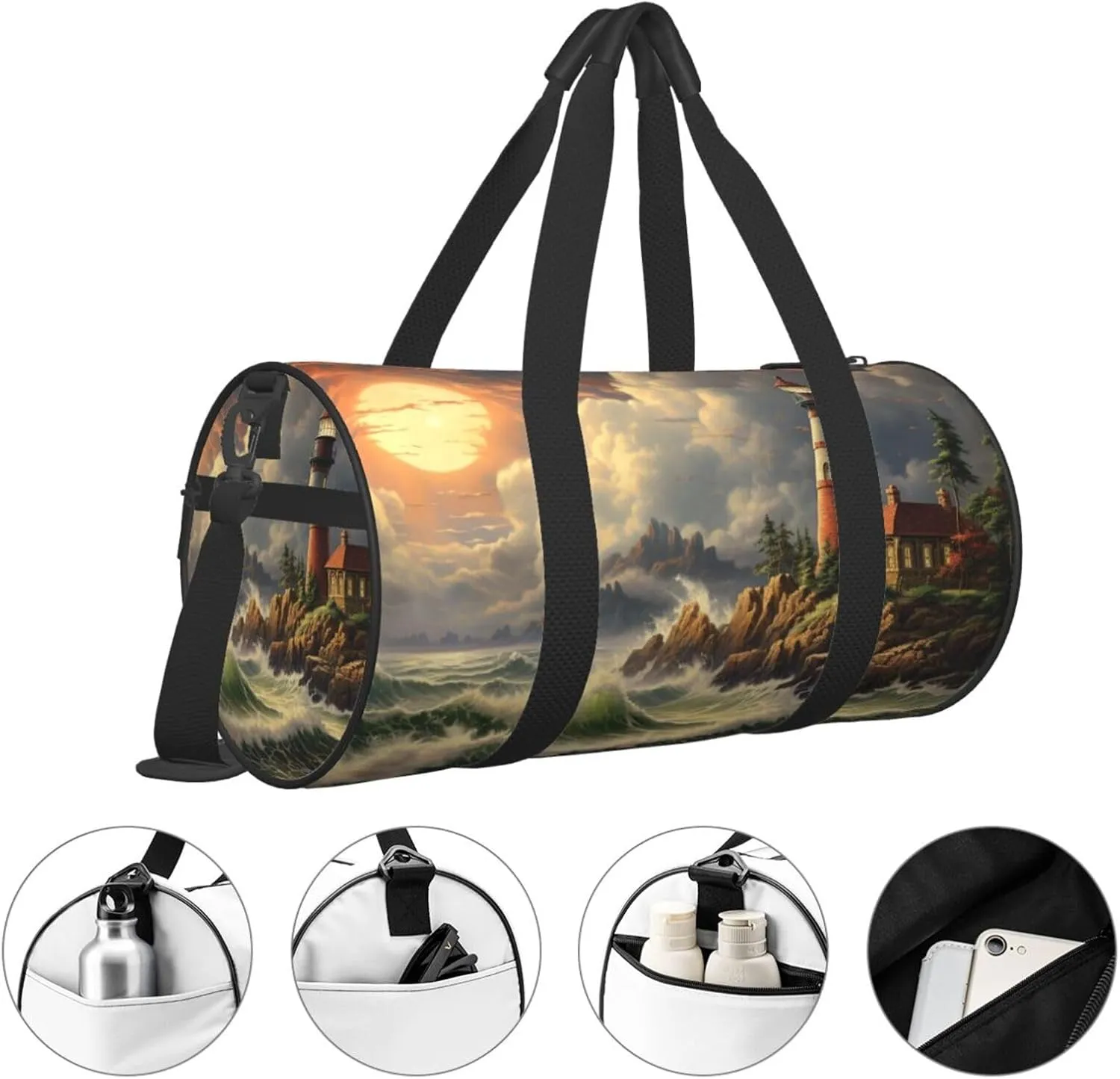 Duffel Bag for Men Women Small Gym Bag Coast Wave and Lighthouse Travel Duffel Bag Waterproof Overnight Bag for Sports Workout