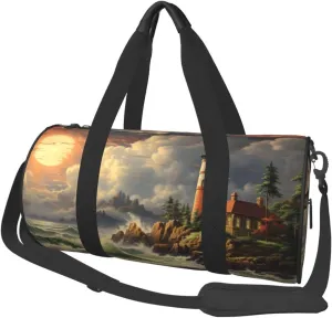 Duffel Bag for Men Women Small Gym Bag Coast Wave and Lighthouse Travel Duffel Bag Waterproof Overnight Bag for Sports Workout