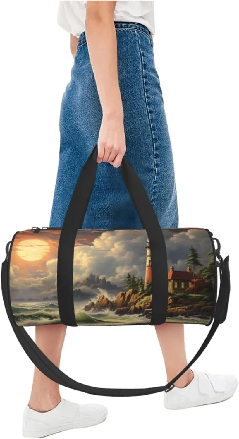 Duffel Bag for Men Women Small Gym Bag Coast Wave and Lighthouse Travel Duffel Bag Waterproof Overnight Bag for Sports Workout