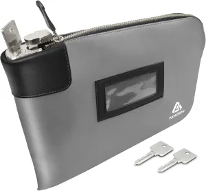 Durable Waterproof Cash Bag with Lock and 2 Keys, Zipper Security Money Bank Deposit Nylon Documents Coin Check Wallet Pouch, 15 x 11 Inch, Grey