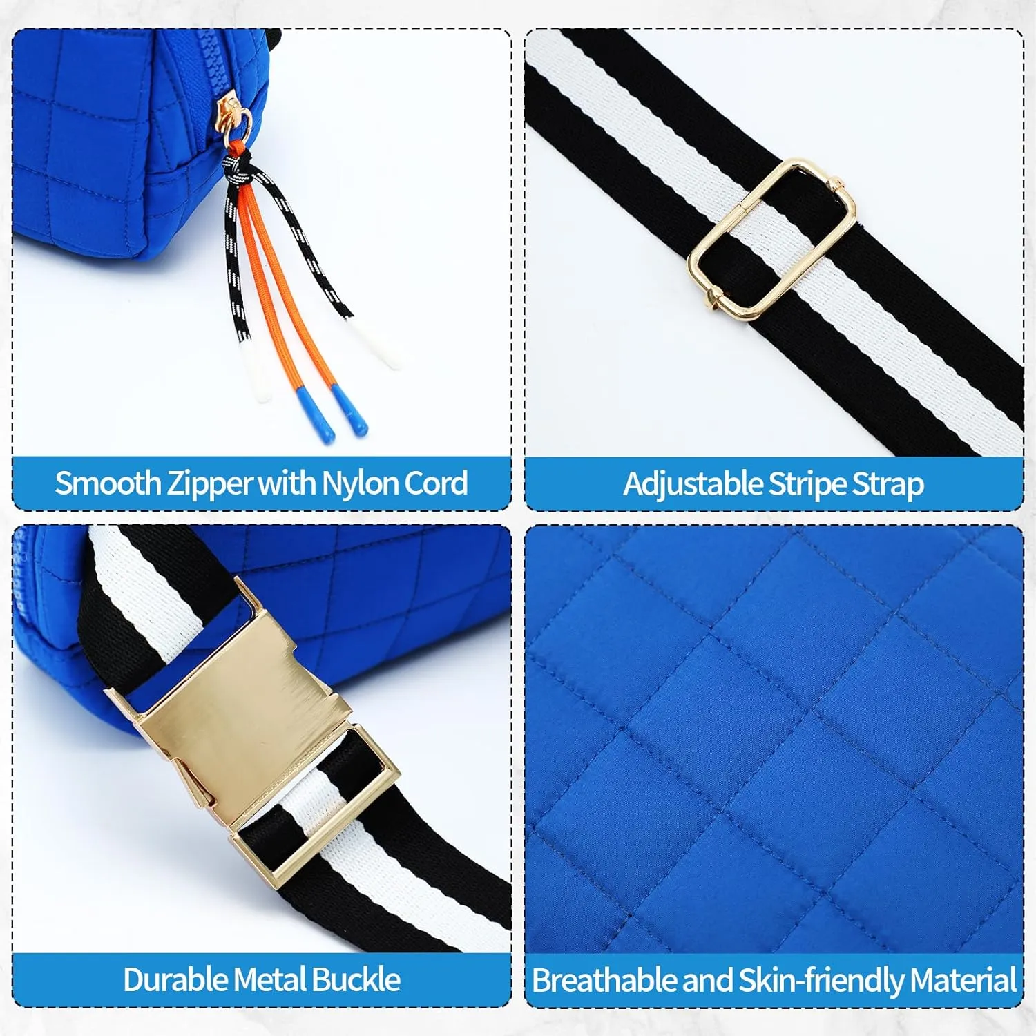 DYSHAYEN Quilted Belt Bag Fanny Pack Crossbody Bag for Women Everywhere Belt Bag with Stripe Strap,Fashion Waist Bag for Workout Running Traveling Hiking (Blue)