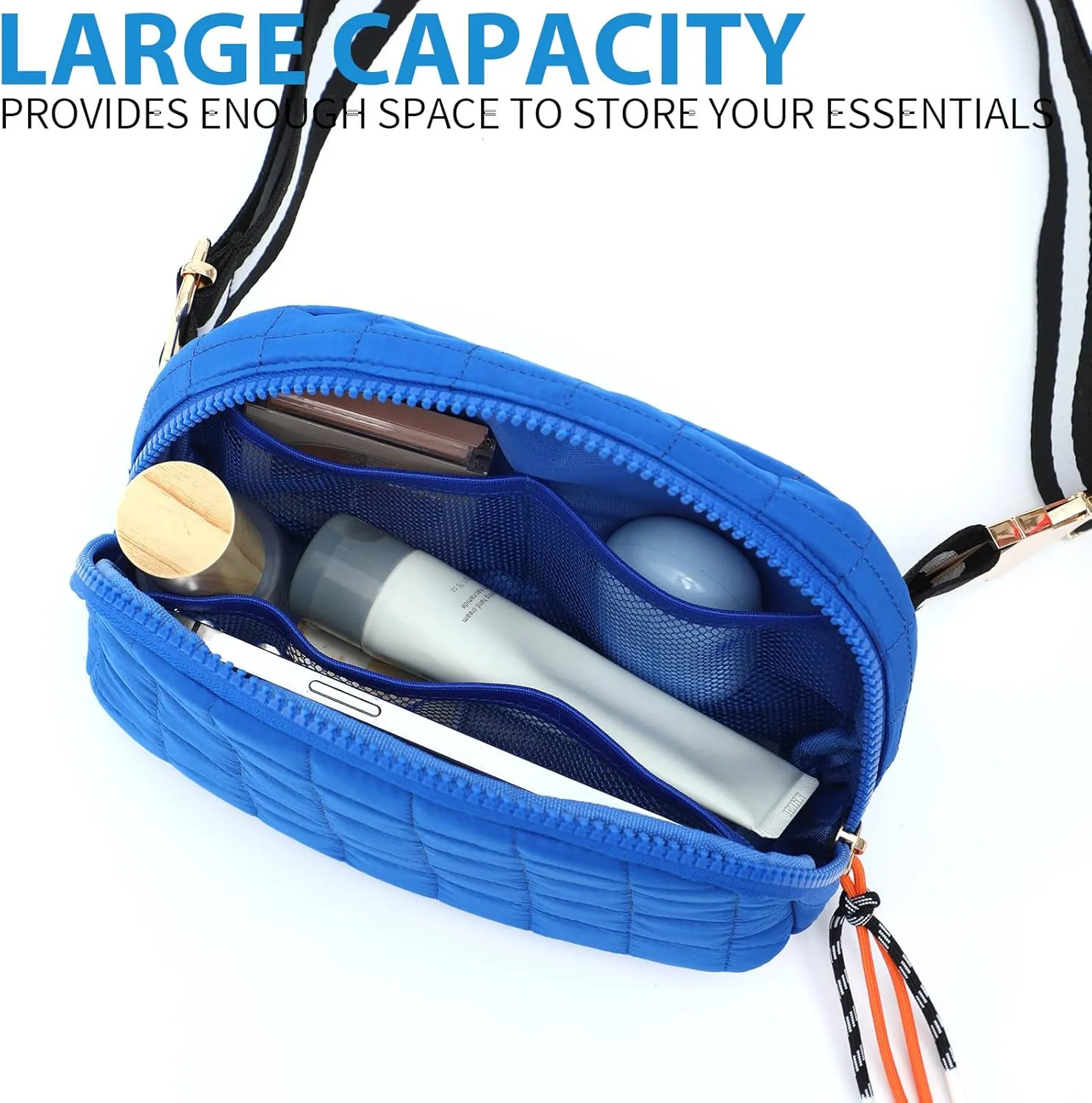 DYSHAYEN Quilted Belt Bag Fanny Pack Crossbody Bag for Women Everywhere Belt Bag with Stripe Strap,Fashion Waist Bag for Workout Running Traveling Hiking (Blue)