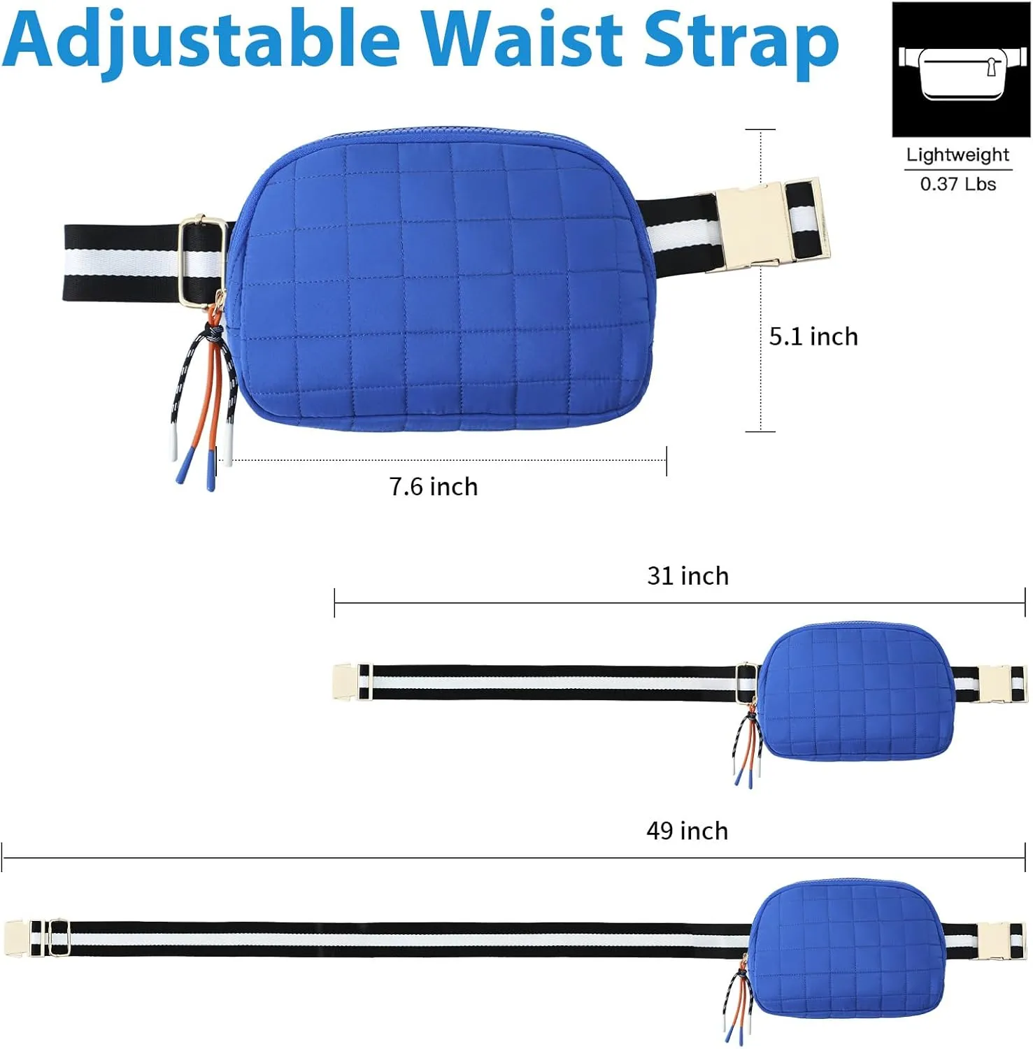 DYSHAYEN Quilted Belt Bag Fanny Pack Crossbody Bag for Women Everywhere Belt Bag with Stripe Strap,Fashion Waist Bag for Workout Running Traveling Hiking (Blue)