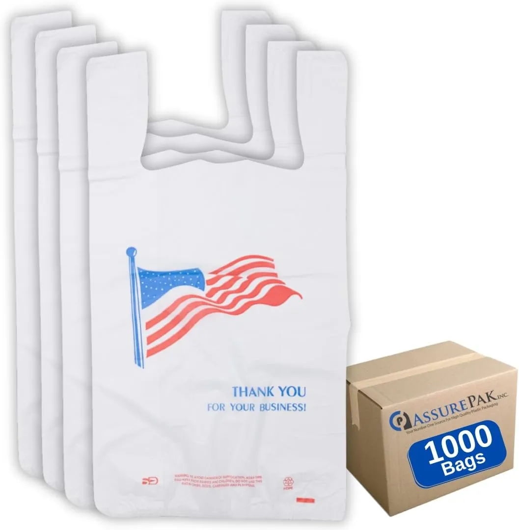 Easy Open - White Usa/American Flag Print HDPE T-Shirt Bags - 1/6 BBL 11.5"X6"X21" - 1000 Bags - 13 microns - White - USA13M100016-EO - AssurePak