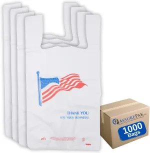 Easy Open - White Usa/American Flag Print HDPE T-Shirt Bags - 1/6 BBL 11.5"X6"X21" - 1000 Bags - 13 microns - White - USA13M100016-EO - AssurePak