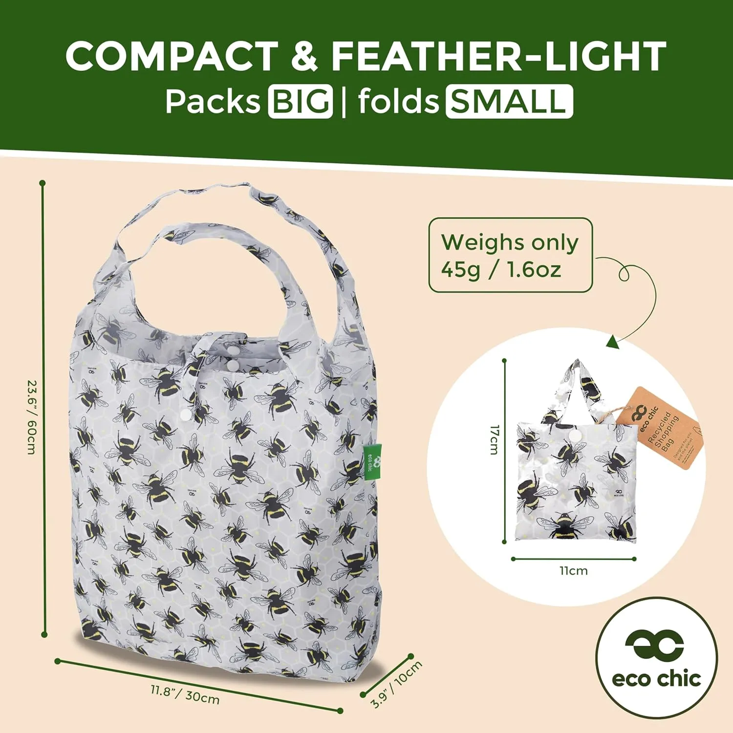 ECO CHIC Foldable Reusable Grocery Bags - Lightweight, Recycled & Reusable Shopping Bag - Waterproof Packable Tote