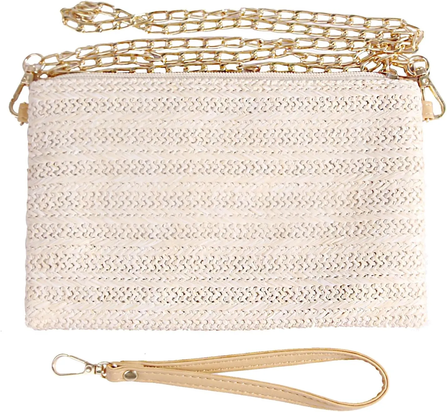 Eiyye Straw Clutch Purse Womens Handbag Boho Summer Beach Purse Wristlet Wallets with Zipper Chains(off white)