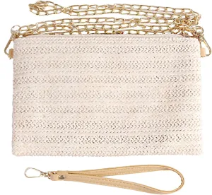 Eiyye Straw Clutch Purse Womens Handbag Boho Summer Beach Purse Wristlet Wallets with Zipper Chains(off white)
