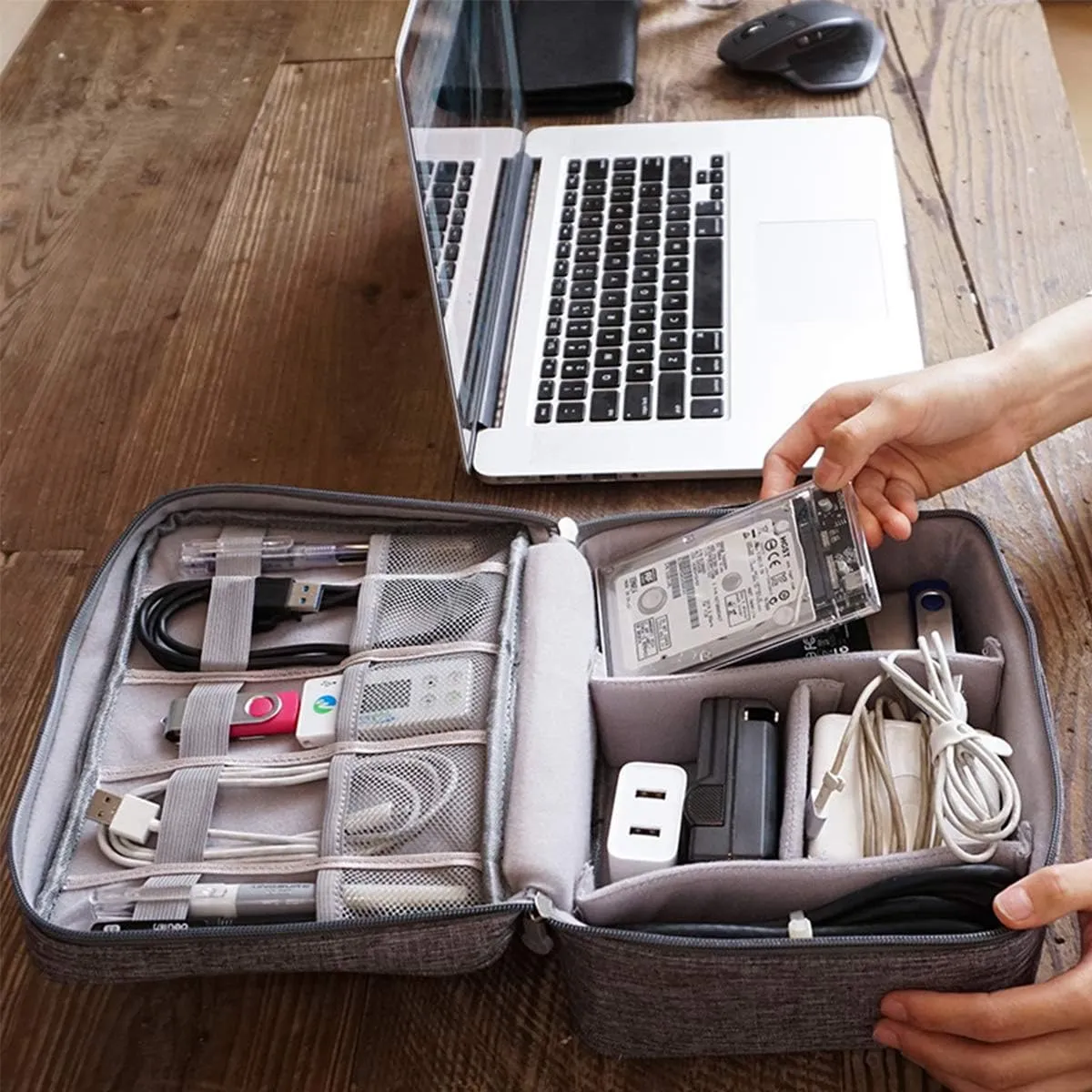 Electronics Organizer, OrgaWise Electronic Accessories Bag Travel Cable Organizer Three-Layer for iPad Mini, Kindle, Hard Drives, Cables, Chargers
