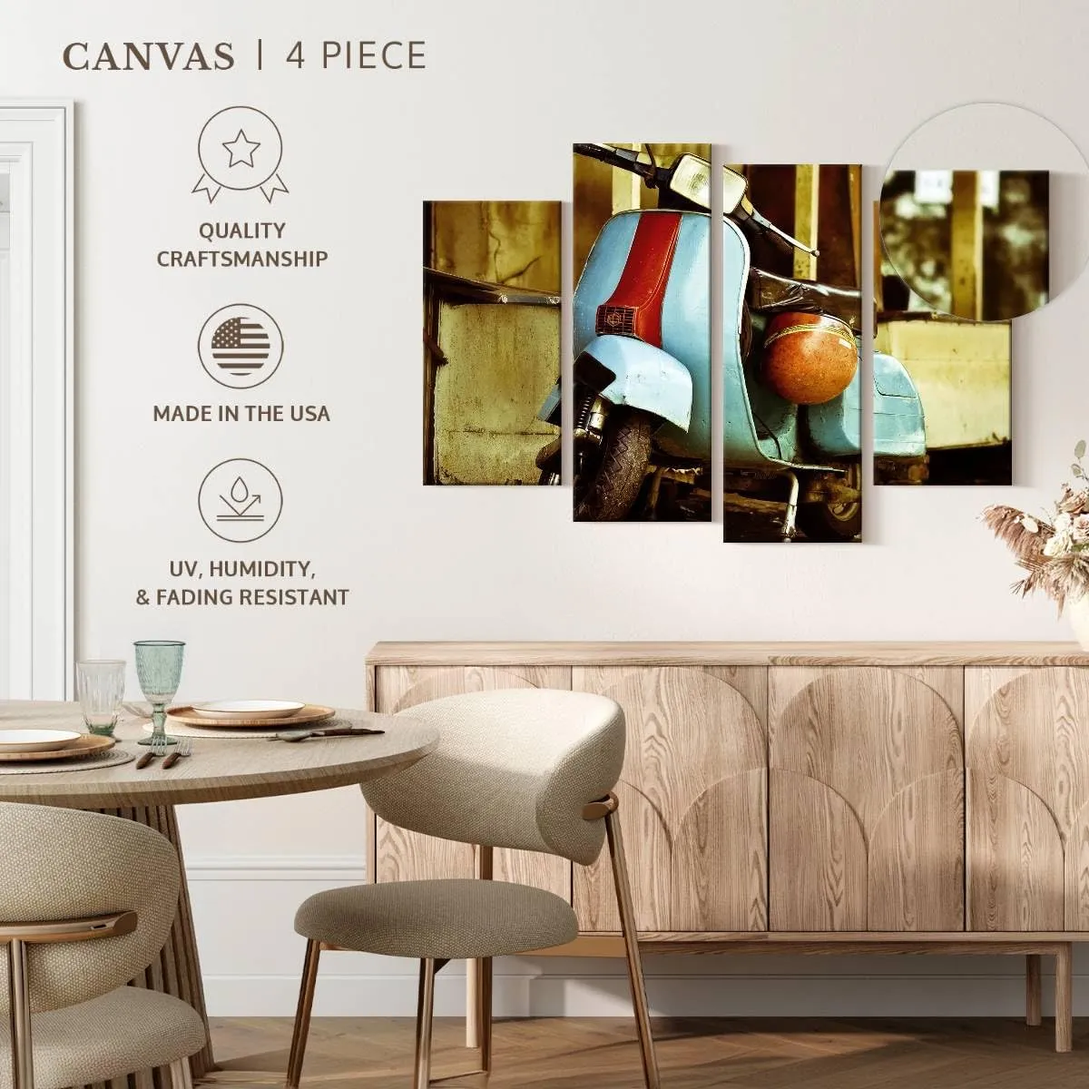Elephant Stock - Vespa Scooter Wall Art - Horizontal Multi Panel Canvas - 4 Piece Living Room Wall Decor - Photography Transportation Multi Piece Wall Art - Brown And Yellow Decor - 52" x 32"
