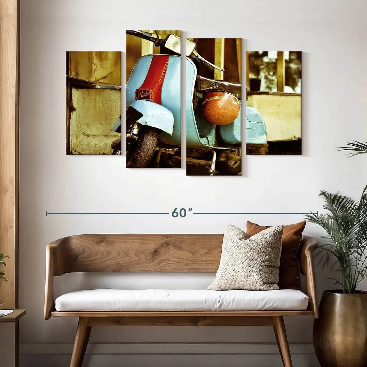 Elephant Stock - Vespa Scooter Wall Art - Horizontal Multi Panel Canvas - 4 Piece Living Room Wall Decor - Photography Transportation Multi Piece Wall Art - Brown And Yellow Decor - 52" x 32"