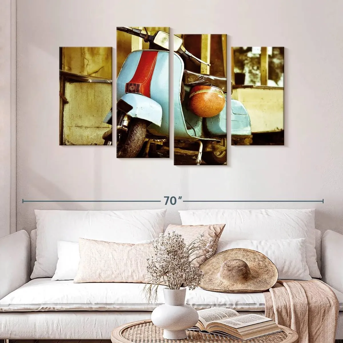 Elephant Stock - Vespa Scooter Wall Art - Horizontal Multi Panel Canvas - 4 Piece Living Room Wall Decor - Photography Transportation Multi Piece Wall Art - Brown And Yellow Decor - 52" x 32"