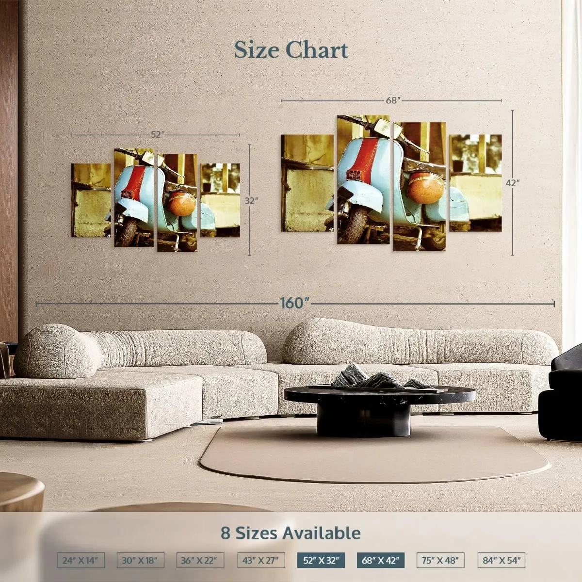 Elephant Stock - Vespa Scooter Wall Art - Horizontal Multi Panel Canvas - 4 Piece Living Room Wall Decor - Photography Transportation Multi Piece Wall Art - Brown And Yellow Decor - 52" x 32"