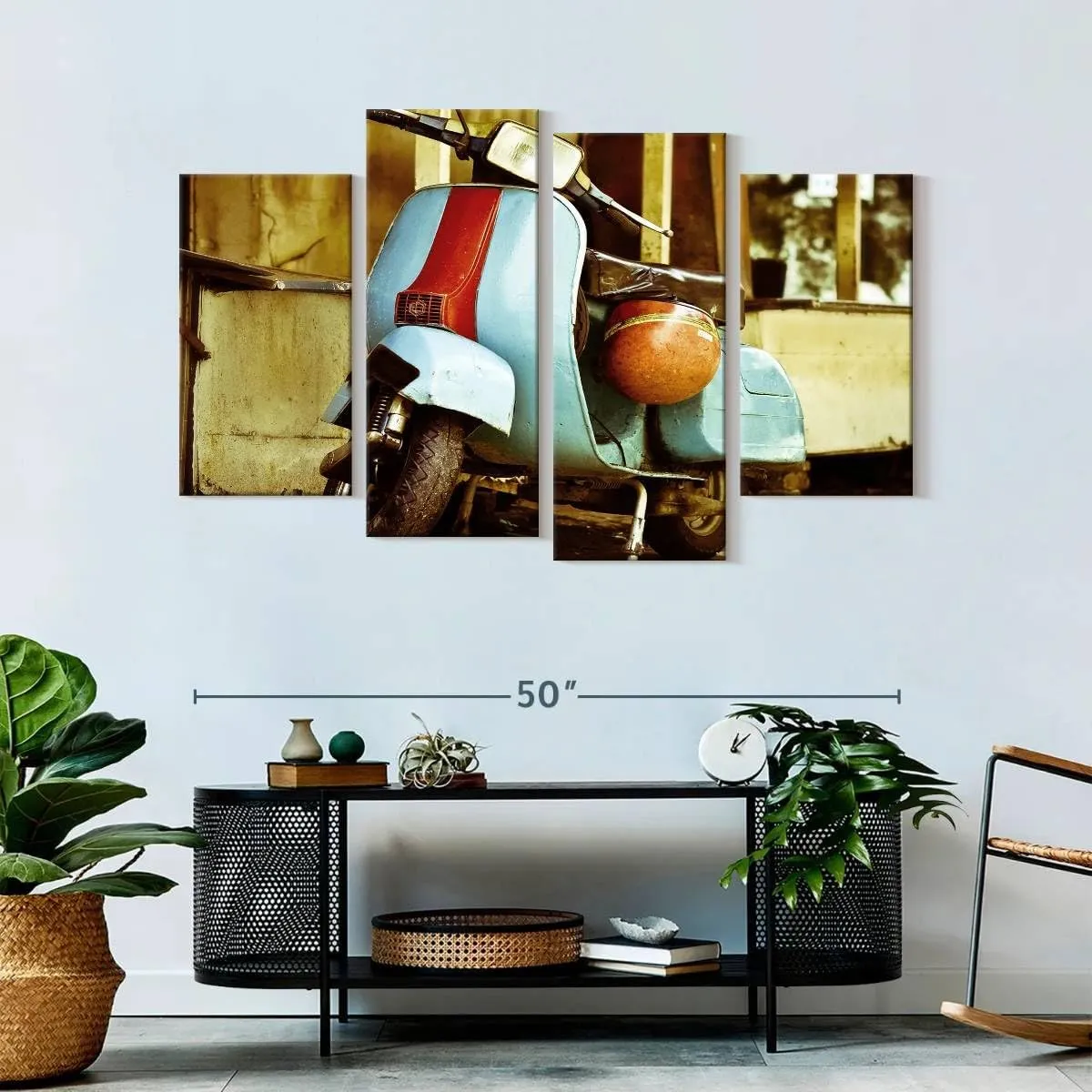 Elephant Stock - Vespa Scooter Wall Art - Horizontal Multi Panel Canvas - 4 Piece Living Room Wall Decor - Photography Transportation Multi Piece Wall Art - Brown And Yellow Decor - 52" x 32"