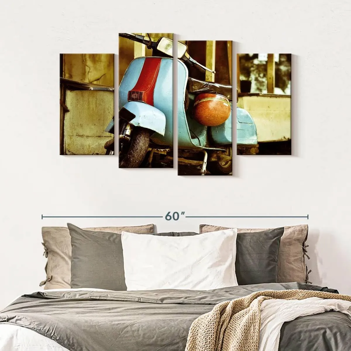Elephant Stock - Vespa Scooter Wall Art - Horizontal Multi Panel Canvas - 4 Piece Living Room Wall Decor - Photography Transportation Multi Piece Wall Art - Brown And Yellow Decor - 52" x 32"