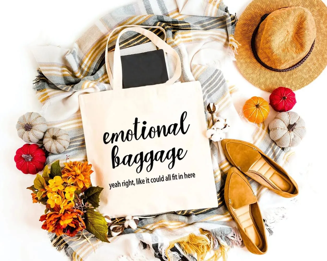 Emotional Baggage Canvas Tote Bag for Women Reusable Work Travel Grocery Shoulder Shopping Bags Girls Funny Gifts