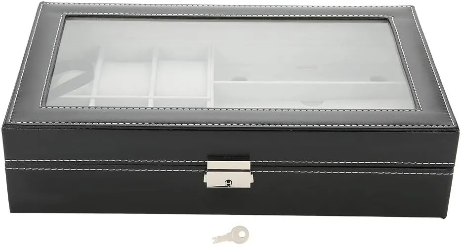 End PU Leather Glasses and Watch Storage, 63 Grids Transparent Display Box, Dust and Proof, Strong Metal Lock, Leatherette Paper Interior