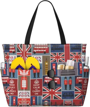 England Symbols Print Unisex Large Capacity Beach Travel Bag Vacation Picnic Sport Tote Portable Gym Bag