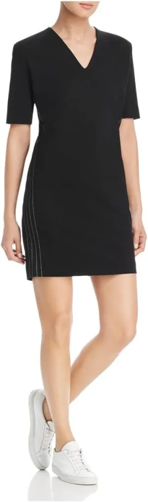 Escada Womens Black Stretch Zippered Ponte Short Sleeve V Neck Mini Sheath Dress 34