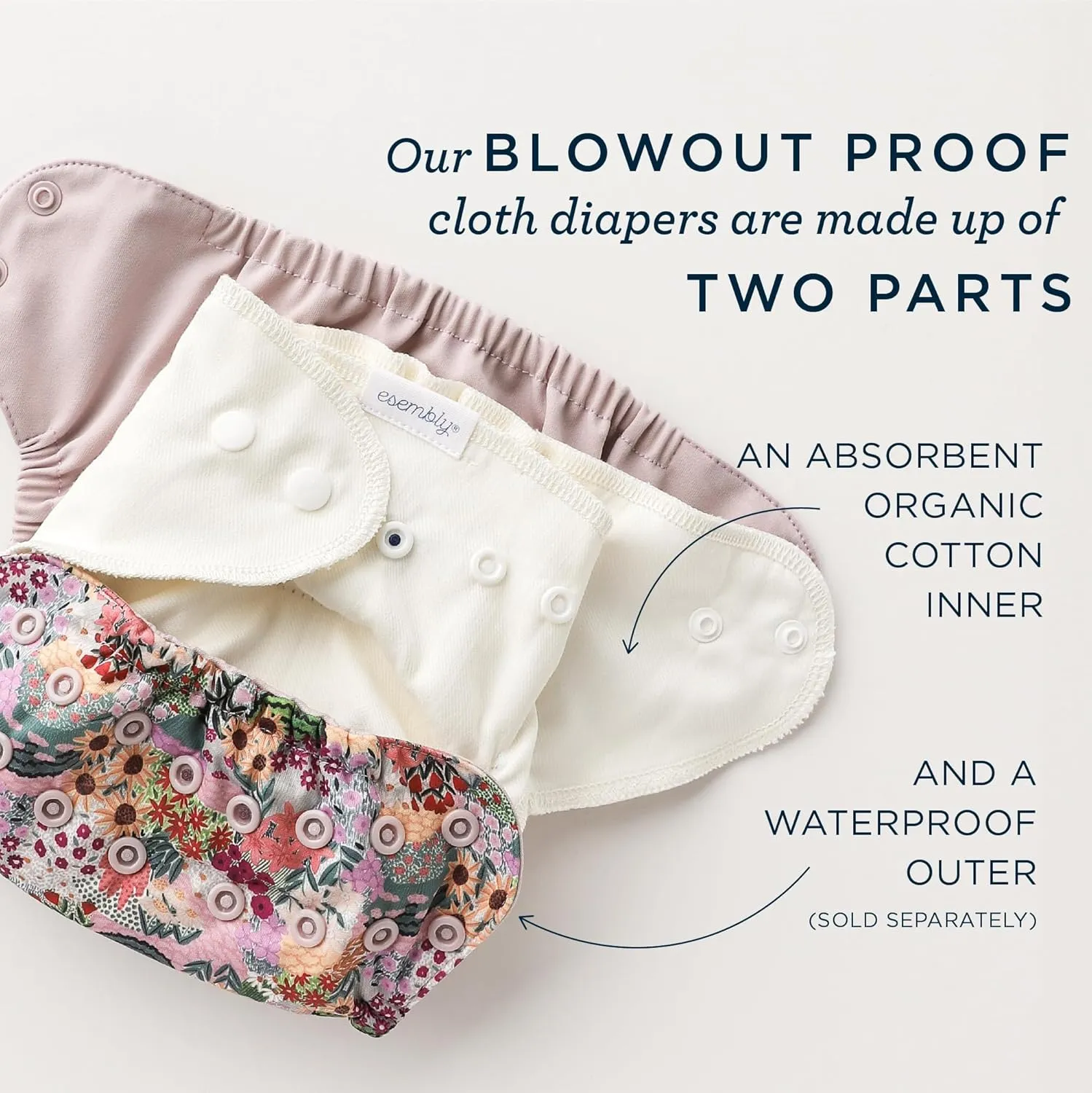 Esembly Cloth Diaper Bundle Set, 3 Organic Absorbent Inners and 1 Waterproof Recycled Diaper Cover, Reusable Washable Diapers with Snap Closure, Size 2 (18-35lbs), Aloe